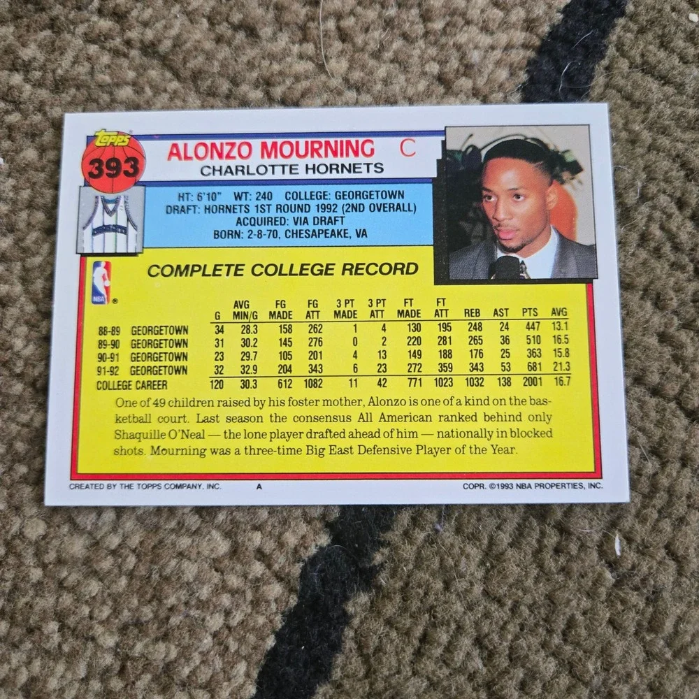 1992 Topps Alonzo Mourning Rookie Card #393 Charlotte Hornets NBA Basketball